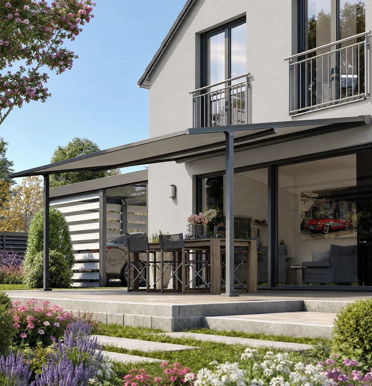 SunControl vrijstaande pergolazonwering van Sunmaster aan een moderne woning